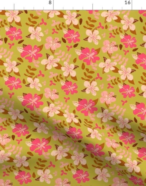 Tropical Pink and Brown Hibiscus Floral Repeat on Gold Fabric
