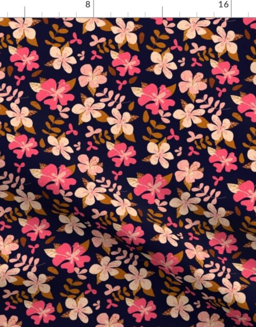Tropical Pink and Brown Hibiscus Floral Repeat on Navy Fabric
