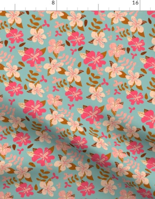 Tropical Pink and Brown Hibiscus Floral Repeat on Seafoam Fabric