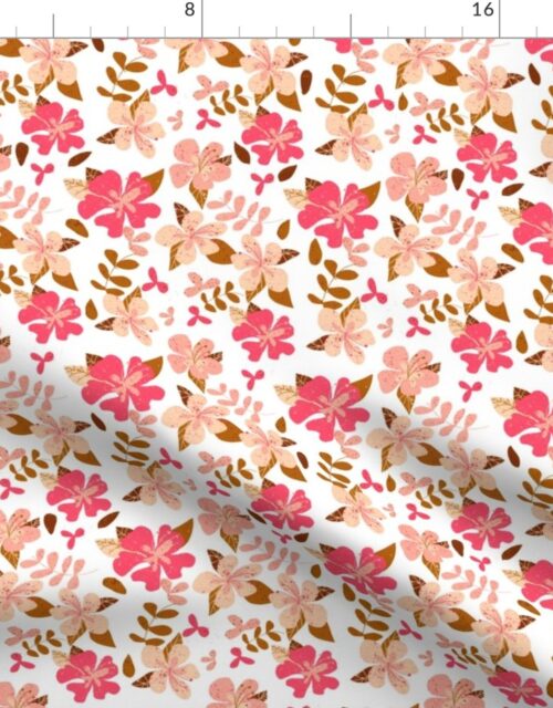 Tropical Pink and Brown Hibiscus Floral Repeat on White Fabric