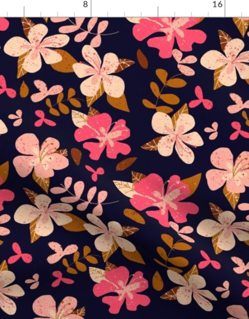 Tropical Pink and Brown Hibiscus Retro Repeat on Navy Fabric