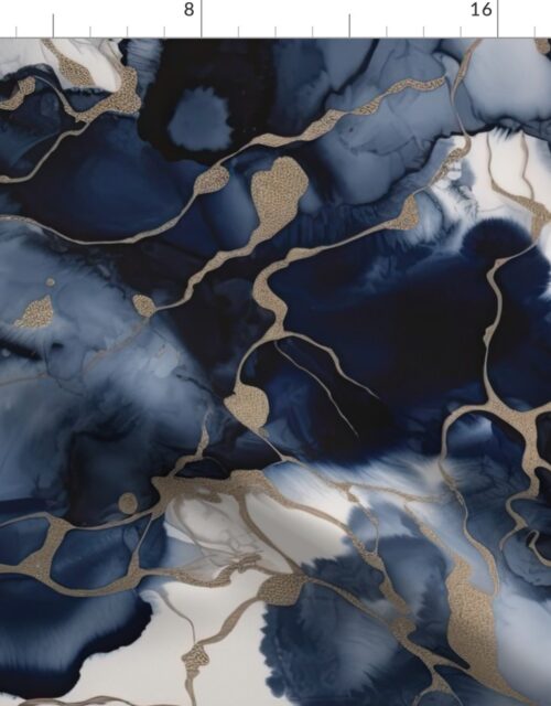 Twilight Navy Blue and Grey with Antique Gold Alcohol Ink Liquid Swirls Fabric