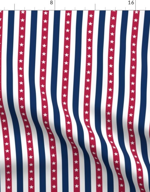 USA Flag Colors of Red, White and Blue with Stars in Alternating 1/2 Inch Vertical Stripes Fabric