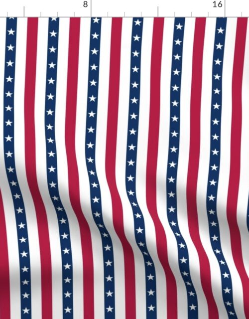 USA Flag Colors of Red, White and Blue with Stars in Alternating 1/2 Inch Wide Vertical Stripes Fabric