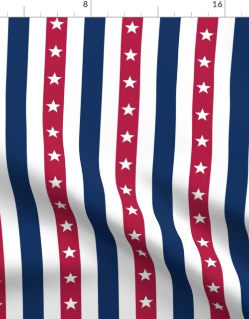 USA Flag Colors of Red, White and Blue with Stars in Alternating 1 Inch Vertical Stripes Fabric