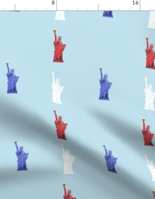 USA Hand drawn Motif of the Statue of Liberty in Red, White and Blue on Pale Blue Fabric