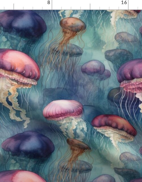Underwater Watercolor of Brightly Colored Jelly Fish with Tentacles on Aqua Blue Fabric