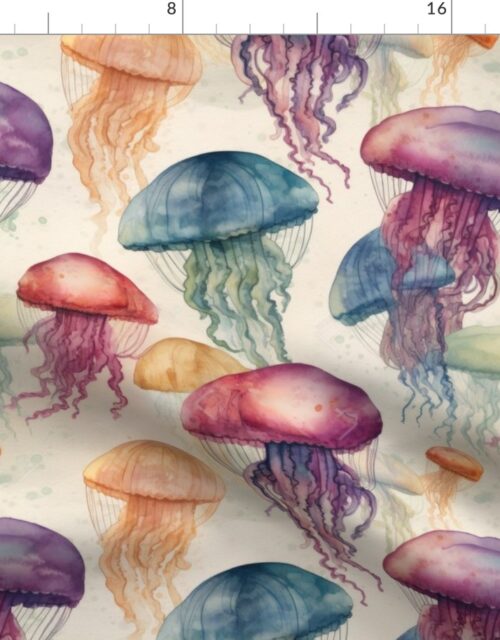 Underwater Watercolor of Brightly Colored Jelly Fish with Tentacles on Cream Fabric