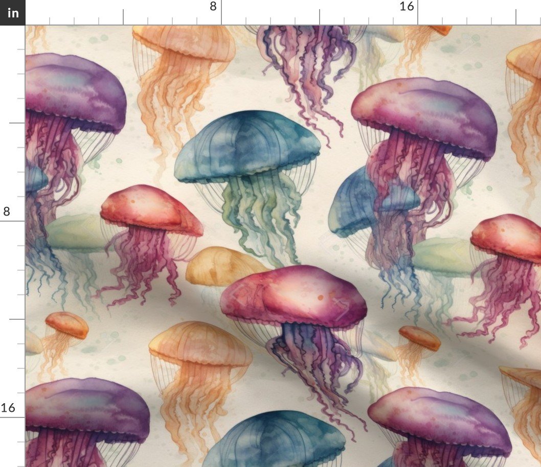 Underwater Watercolor of Brightly Colored Jelly Fish with Tentacles on Cream Fabric