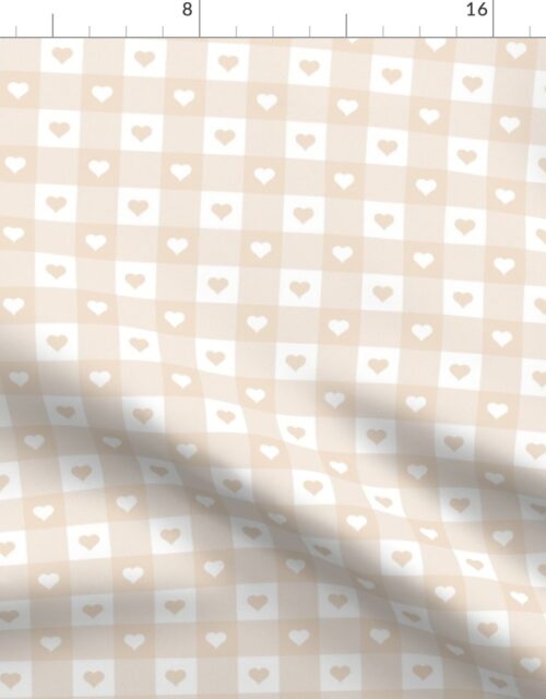 Valentines Natural and White Gingham Check with Center Heart Medallions in Natural and White Fabric