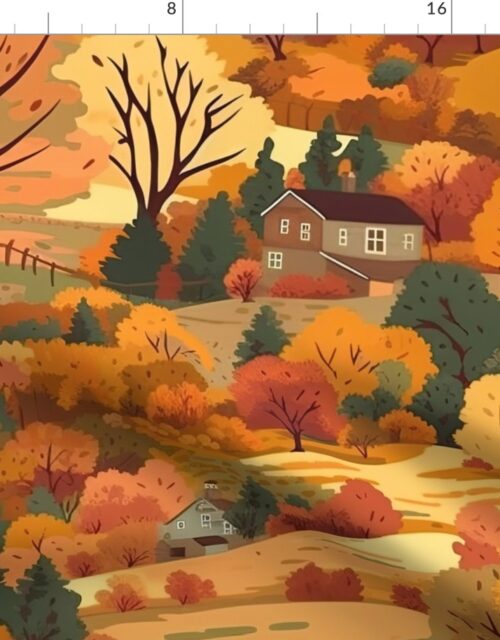 Vintage New England Village Autumn Fabric