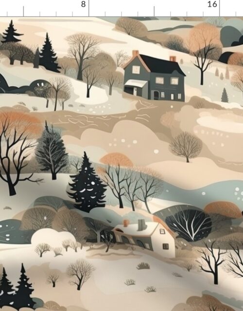 Vintage New England Village Winter Fabric
