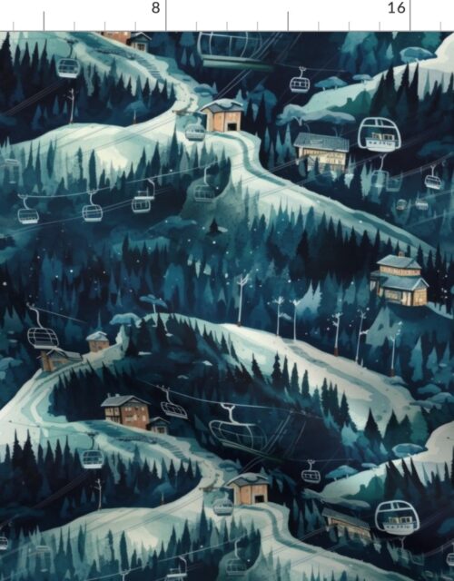 Vintage Ski Slope Cabins in Night Woods Blue Fabric
