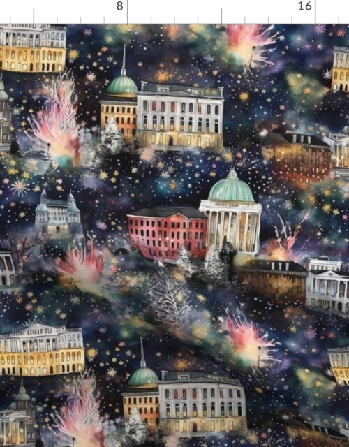 Washington DC at New Year’s in Watercolors with Fairy Lights and Landmarks Fabric