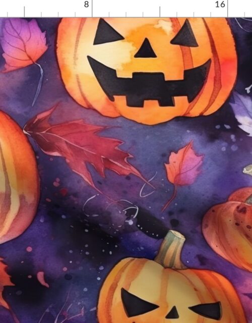 Watercolor Halloween Jack-o-Lantern Pumpkin Faces Fabric