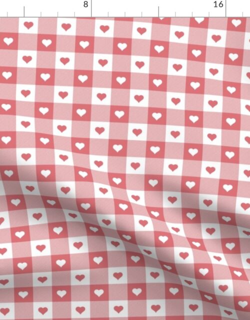 Watermelon and White Gingham Valentines Check with Center Heart Medallions in Watermelon and White Fabric