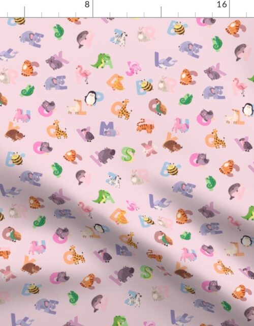 Whimsical Nursery Alphabet in Adorable Animals for Babies and Children 1 Inch on Baby Pink Pastel Fabric