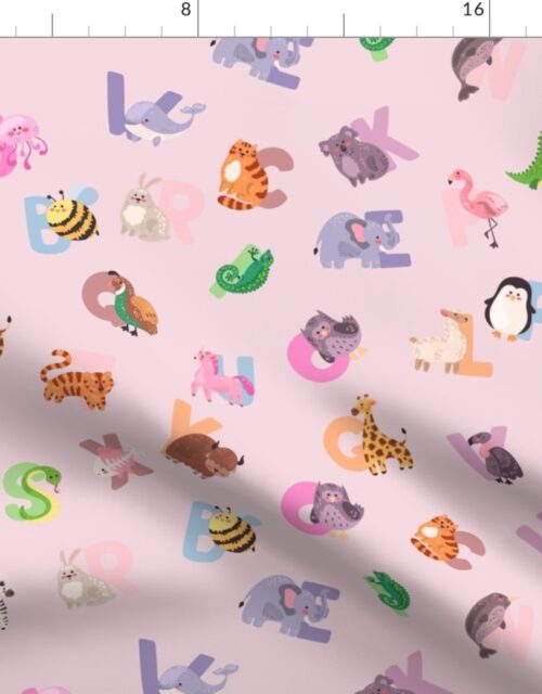 Whimsical Nursery Alphabet in Adorable Animals for Babies and Children 2 Inch on Baby Pink Pastel Fabric