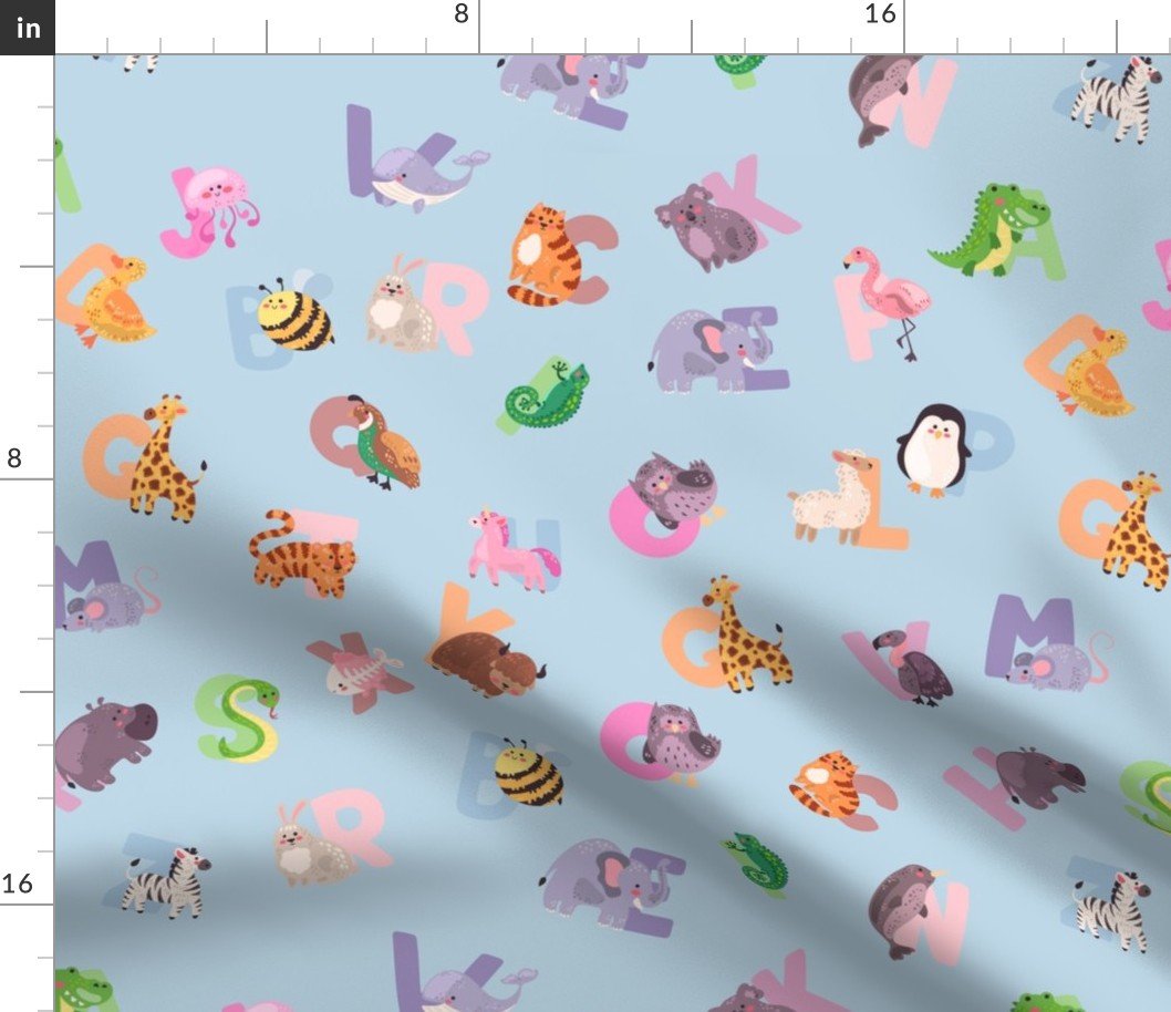Whimsical Nursery Alphabet in Adorable Animals for Babies and Children 2  Inch on Baby Blue Pastel Fabric