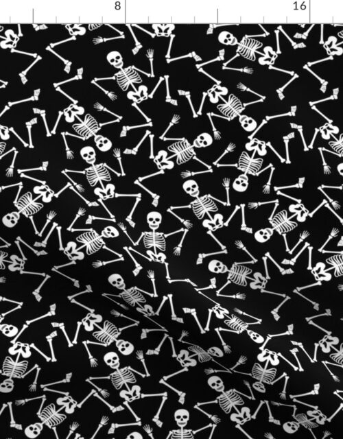 White Dancing Halloween Skeletons On Black Fabric