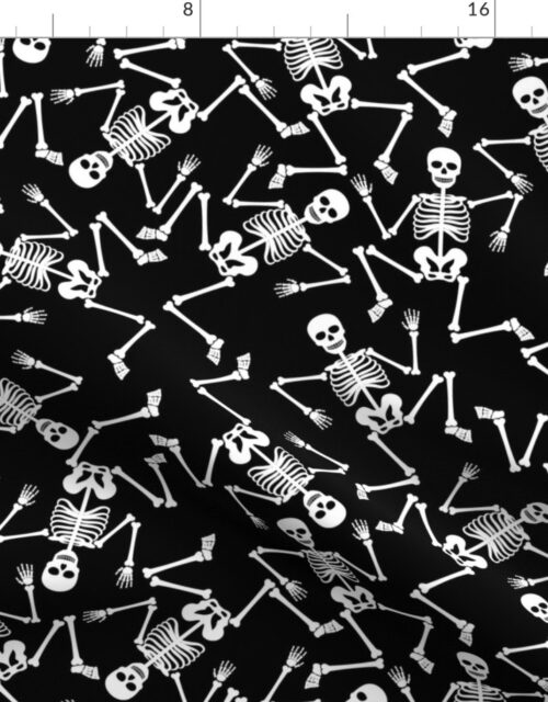 White Dancing Halloween Skeletons Scattered On Black Fabric