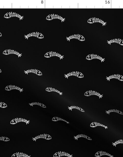 White Edged Fishbones Skeletons on Black Fabric