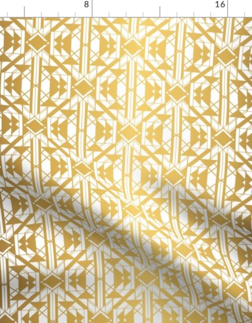 White and Gold Faux Foil Vintage Art Deco Geometric Triangle Pattern Fabric