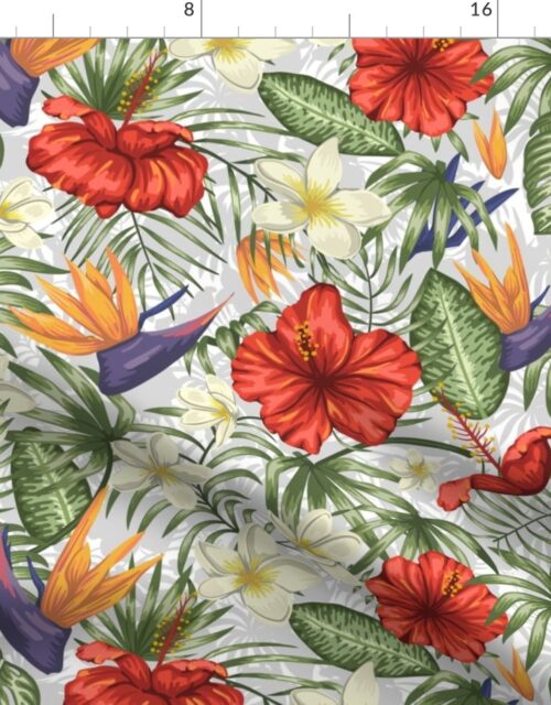 White and Red Hawaiian Hibiscus Birds of Paradise and Plumeria Fabric