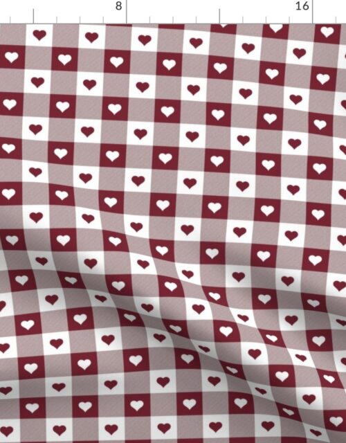 Wine and White Gingham Valentines Check with Center Heart Medallions in Wine and White Fabric