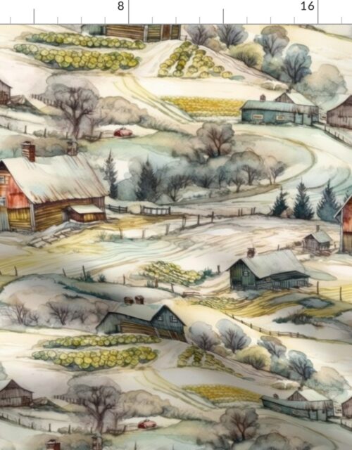 Winter Snowy Farm Landscape Watercolor Fabric