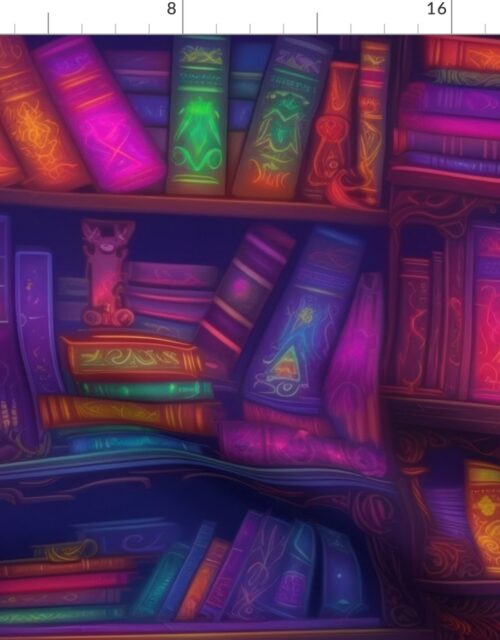 Wizard  Spooky Neon Halloween Books on Library Spell Book Shelf Fabric