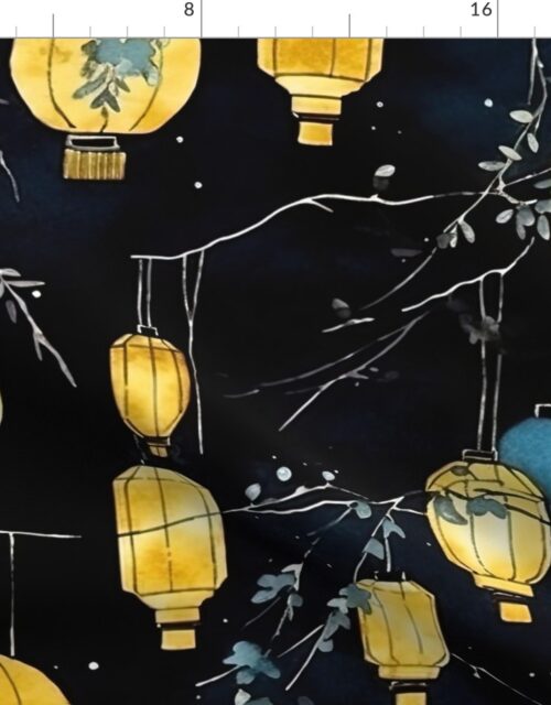 Yellow Glowing Chinese Paper Lanterns Watercolor Fabric