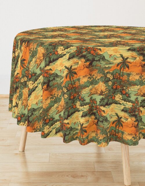 Small Vintage Hawaiian Landscape Green Round Tablecloth