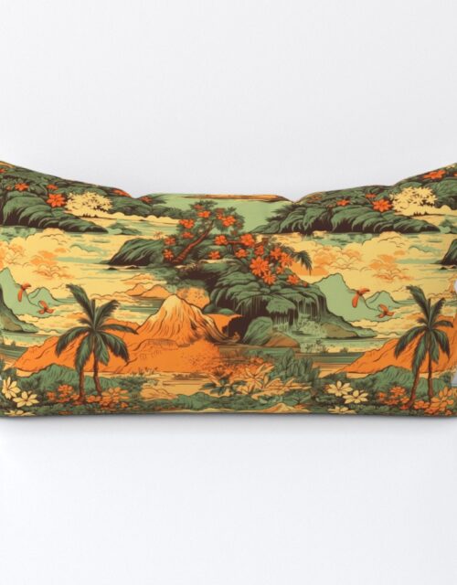 Small Vintage Hawaiian Landscape Green Lumbar Throw Pillow