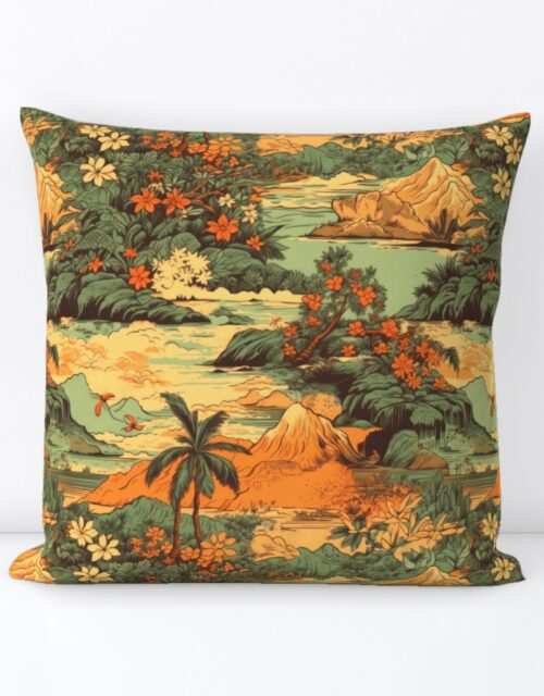 Small Vintage Hawaiian Landscape Green Square Throw Pillow