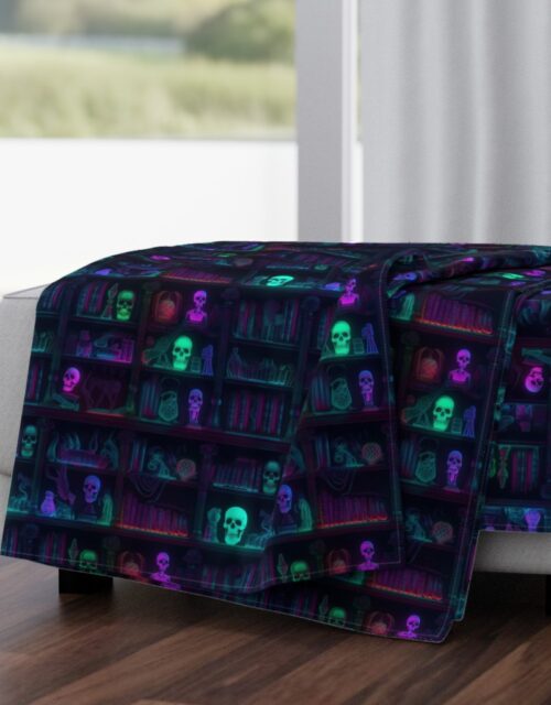 Small Spooky Photo-realistic Dark Academia Bookshelves in Bright Neons with Glowing Skulls Throw Blanket