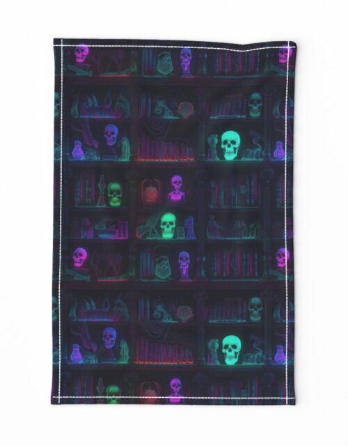 Small Spooky Photo-realistic Dark Academia Bookshelves in Bright Neons with Glowing Skulls Tea Towel