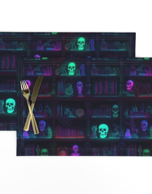 Small Spooky Photo-realistic Dark Academia Bookshelves in Bright Neons with Glowing Skulls Placemats