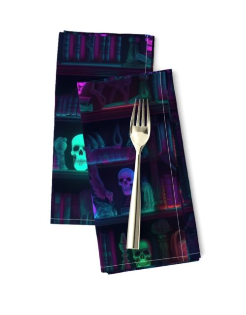 Small Spooky Photo-realistic Dark Academia Bookshelves in Bright Neons with Glowing Skulls Dinner Napkins