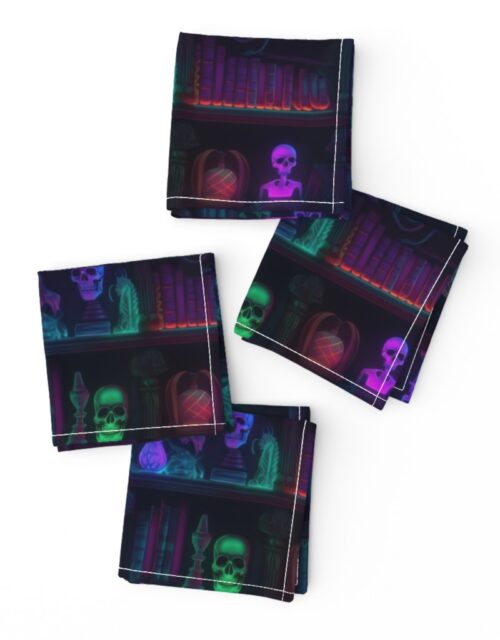 Small Spooky Photo-realistic Dark Academia Bookshelves in Bright Neons with Glowing Skulls Cocktail Napkins