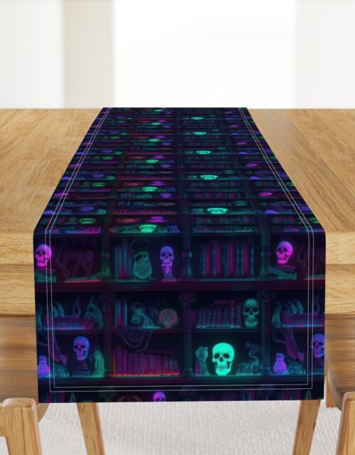 Small Spooky Photo-realistic Dark Academia Bookshelves in Bright Neons with Glowing Skulls Table Runner
