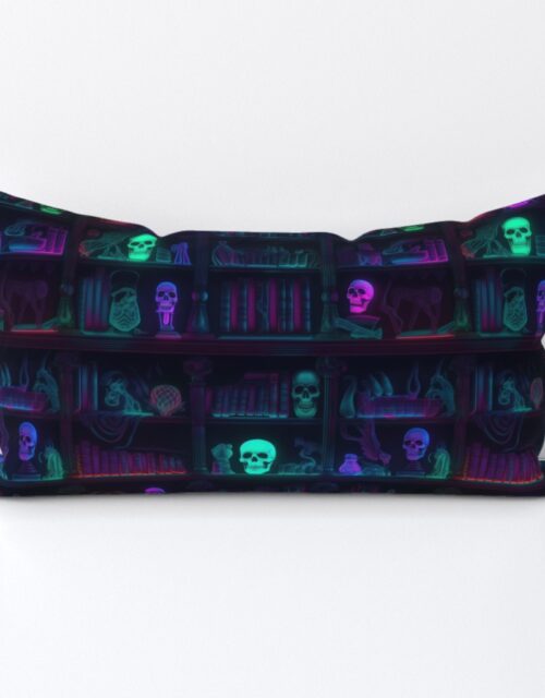 Small Spooky Photo-realistic Dark Academia Bookshelves in Bright Neons with Glowing Skulls Lumbar Throw Pillow