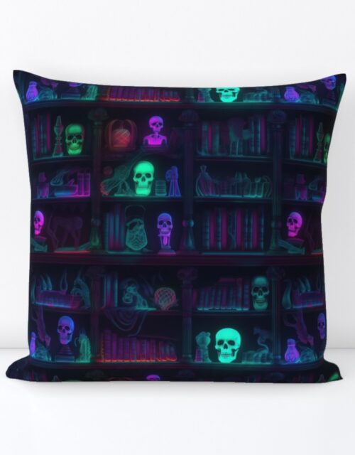 Small Spooky Photo-realistic Dark Academia Bookshelves in Bright Neons with Glowing Skulls Square Throw Pillow