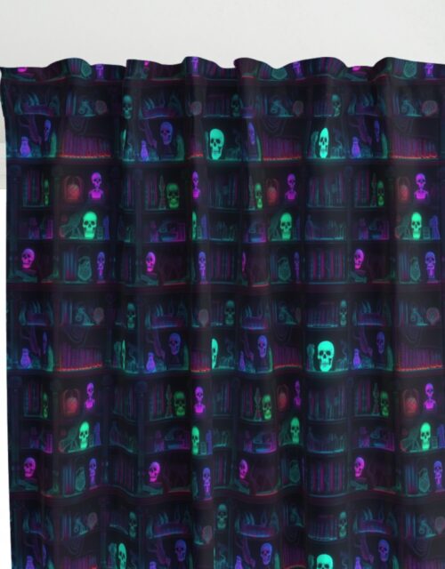 Small Spooky Photo-realistic Dark Academia Bookshelves in Bright Neons with Glowing Skulls Curtains