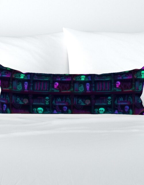Small Spooky Photo-realistic Dark Academia Bookshelves in Bright Neons with Glowing Skulls Extra Long Lumbar Pillow