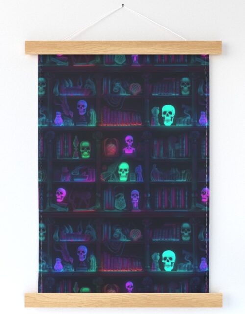 Small Spooky Photo-realistic Dark Academia Bookshelves in Bright Neons with Glowing Skulls Wall Hanging
