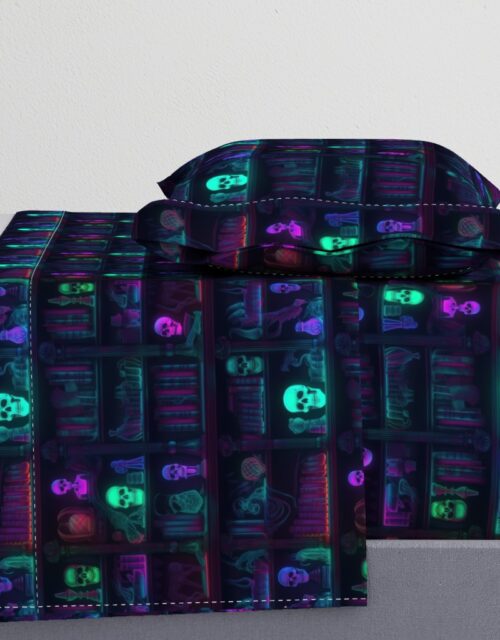 Small Spooky Photo-realistic Dark Academia Bookshelves in Bright Neons with Glowing Skulls Sheet Set