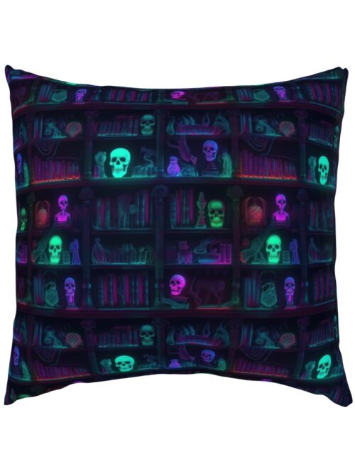 Small Spooky Photo-realistic Dark Academia Bookshelves in Bright Neons with Glowing Skulls Euro Pillow Sham