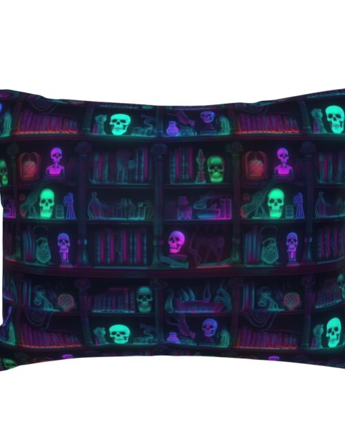 Small Spooky Photo-realistic Dark Academia Bookshelves in Bright Neons with Glowing Skulls Standard Pillow Sham