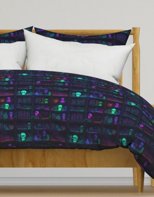 Small Spooky Photo-realistic Dark Academia Bookshelves in Bright Neons with Glowing Skulls Duvet Cover